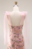Fitted Beaded Sequin Floral Long Prom Dress with Bows On Shoulders