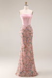 Sparkly Pink Appliqued Basque Waist Mermaid Long Prom Dress with Bowknot