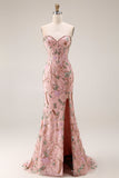 Strapless Floral Beaded Corset Bodice Fitted Long Prom Dress with Skirt Slit