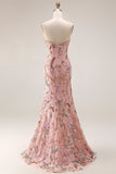 Strapless Floral Beaded Corset Bodice Fitted Long Prom Dress with Skirt Slit