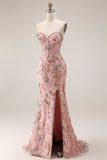 Strapless Floral Beaded Corset Bodice Fitted Long Prom Dress with Skirt Slit
