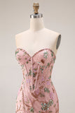 Strapless Floral Beaded Corset Bodice Fitted Long Prom Dress with Skirt Slit