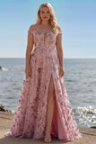 Blush Floral Off The Shoulder A Line Long Prom Dress with Slit