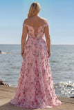 Blush Floral Off The Shoulder A Line Long Prom Dress with Slit