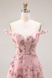 Blush Floral Off The Shoulder A Line Long Prom Dress with Slit