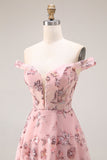 Blush Floral Off The Shoulder A Line Long Prom Dress with Slit