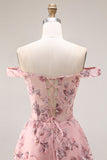 Blush Floral Off The Shoulder A Line Long Prom Dress with Slit