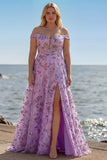 Purple Off The Shoulder Floral A-Line Sequin Long Prom Dress with Slit