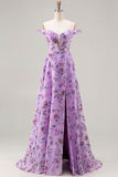 Purple Off The Shoulder Floral A-Line Sequin Long Prom Dress with Slit