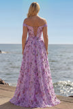 Purple Off The Shoulder Floral A-Line Sequin Long Prom Dress with Slit