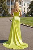 Green One Shoulder Ruched Sheath Long Prom Dress with Slit
