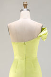 Green One Shoulder Ruched Sheath Long Prom Dress with Slit