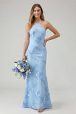 Light Blue Floral Mermaid Halter Backless Long Bridesmaid Dress