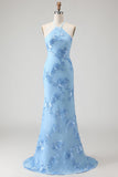 Light Blue Floral Mermaid Halter Backless Long Bridesmaid Dress