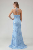 Light Blue Floral Mermaid Halter Backless Long Bridesmaid Dress