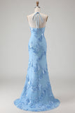 Light Blue Floral Mermaid Halter Backless Long Bridesmaid Dress