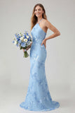 Light Blue Floral Mermaid Halter Backless Long Bridesmaid Dress