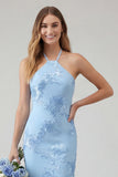 Light Blue Floral Mermaid Halter Backless Long Bridesmaid Dress