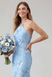 Light Blue Floral Mermaid Halter Backless Long Bridesmaid Dress