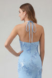 Light Blue Floral Mermaid Halter Backless Long Bridesmaid Dress