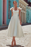 White Spaghetti Straps A-Line Midi Wedding Dress with Bow