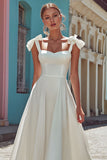 White Spaghetti Straps A-Line Midi Wedding Dress with Bow