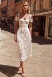 White Cold Shoulder A-Line Lace Appliqued Midi Wedding Dress