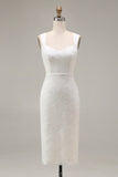 Ivory Sheath Thick Straps Lace Midi Engagement Dress