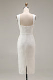 Ivory Sheath Thick Straps Lace Midi Engagement Dress