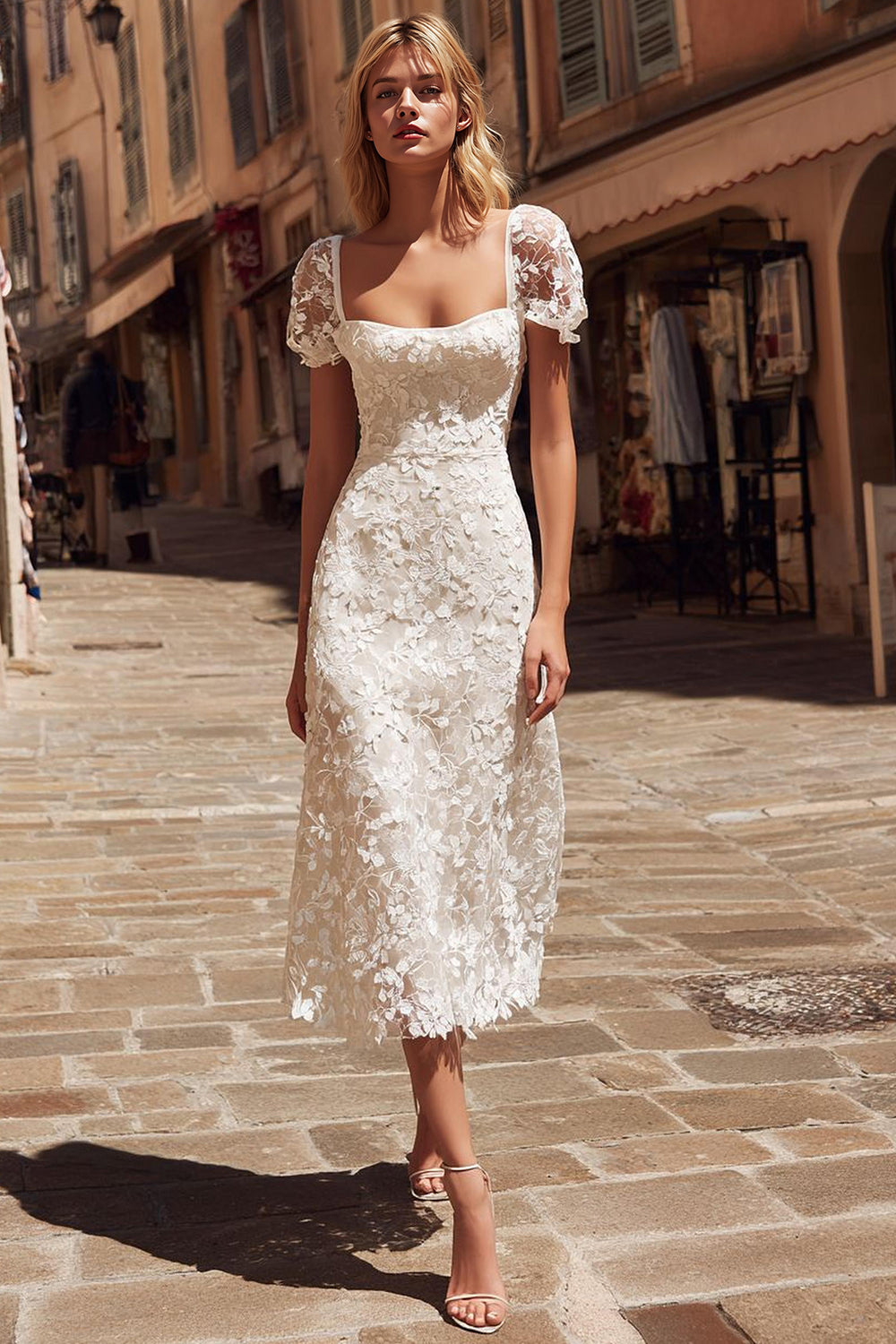 ZAPAKA Women Ivory Lace Wedding Dress A Line Square Neck Cap Sleeves Midi Bridal Dress ZAPAKA AU ZAPAKA Women Ivory Lace Wedding Dress A Line Square Neck Cap Sleeves Midi Bridal Dress ZAPAKA AU