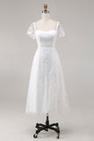 Ivory Lace A Line Cap Sleeves Midi Wedding Dress