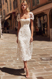Ivory Lace A Line Midi Wedding Dress with Cap Sleeves