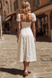 Ivory Lace A Line Midi Wedding Dress with Cap Sleeves