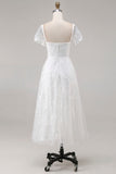 Ivory Lace A Line Cap Sleeves Midi Wedding Dress
