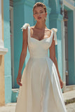 White A Line Satin Spaghetti Straps Wedding Dress