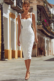 Ivory Corset Spaghetti Straps Lace Midi Wedding Dress