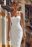 Ivory Corset Spaghetti Straps Lace Midi Wedding Dress