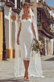 Ivory Corset Spaghetti Straps Lace Midi Wedding Dress