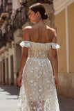 Ivory Floral Off the Shoulder Corset A Line Midi Wedding Dress
