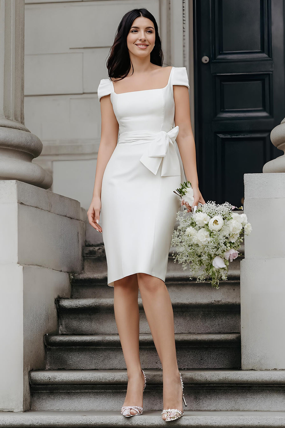 bodycon midi wedding dress Zapaka Women Bodycon Engagement Dress Ivory Square Neckline Midi Long Sleeves Wedding Reception Dress, Ivory / US8