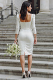 Ivory Bodycon Square Neck Midi Wedding Dress with Sleeves