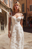 Ivory Lace Cold Shoulder A Line Long Wedding Dress