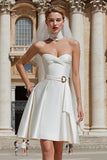 White Satin A Line Sweetheart Short Wedding Dress with Sash