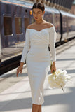 White Satin Bodycon Off the Shoulder Midi Wedding Dress with Bow