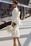 White Bodycon Round Neck Long Sleeve Midi Wedding Dress with Bow