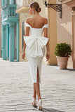 White Satin Bodycon Off the Shoulder Long Wedding Dress with Bow