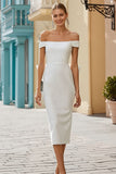 White Satin Bodycon Off the Shoulder Long Wedding Dress with Bow