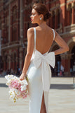 White V-Neck Sheath Midi Courthouse Wedding Dress with Bow