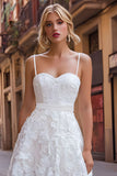 White Spaghetti Straps A Line Lace Wedding Reception Dress