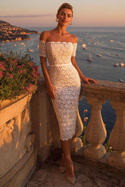Off The Shoulder Lace Ivory Midi Rehearsal Dinner Dress